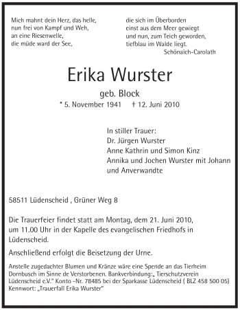 Traueranzeige von Erika Wurster von Tageszeitung