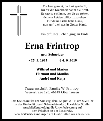 Traueranzeige von Erna Frintrop von Tageszeitung