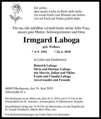Traueranzeige von Irmgard Laboga von Tageszeitung