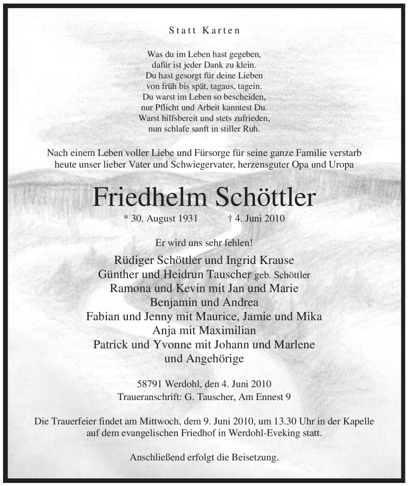  Traueranzeige für Friedhelm Schöttler vom 08.06.2010 aus Tageszeitung