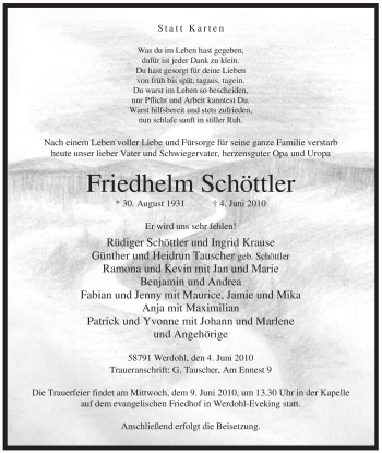 Traueranzeige von Friedhelm Schöttler von Tageszeitung