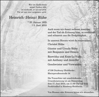 Traueranzeige von Heinrich Rühe von Tageszeitung