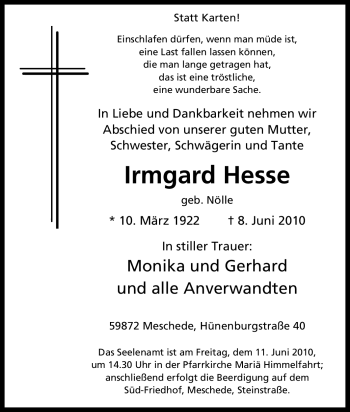 Traueranzeige von Irmgard Hesse von Tageszeitung