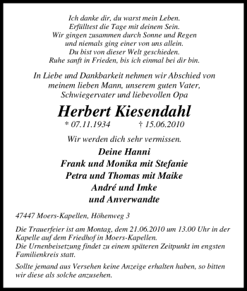 Traueranzeige von Herbert Kiesendahl von Tageszeitung