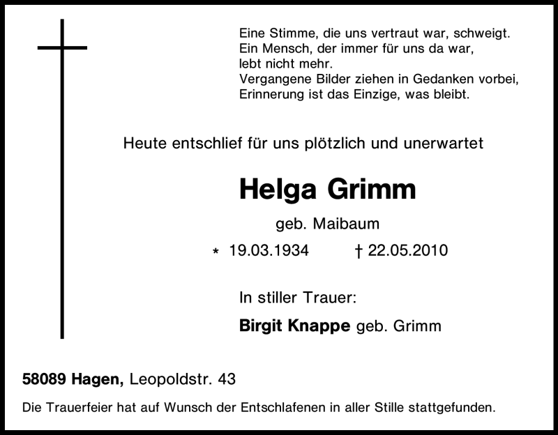 Traueranzeige für Helga Grimm vom 15.06.2010 aus Tageszeitung