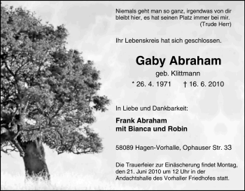 Traueranzeige von Gaby Abraham von Tageszeitung