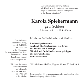 Traueranzeige von Karola Spiekermann von Tageszeitung