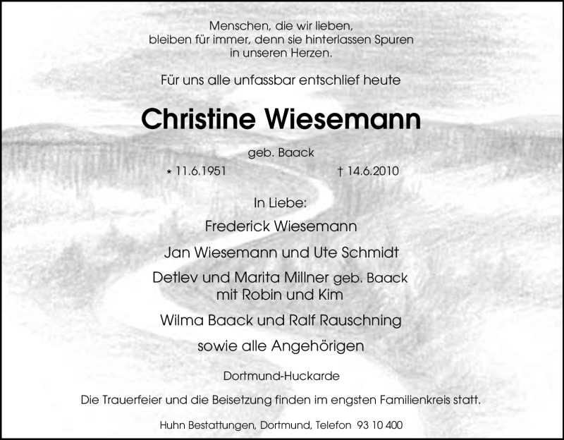  Traueranzeige für Christine Wiesemann vom 19.06.2010 aus Tageszeitung