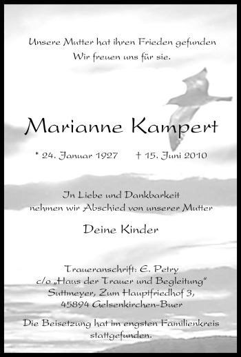 Traueranzeige von Marianne Kampert von Tageszeitung