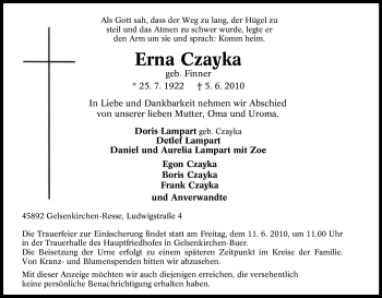 Traueranzeige von Erna Czayka von Tageszeitung