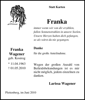 Traueranzeige von Franka Wagener von Tageszeitung