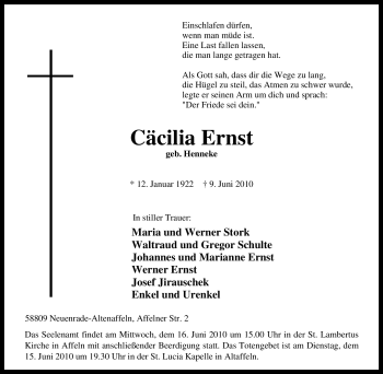 Traueranzeige von Cäcilia Ernst von Tageszeitung