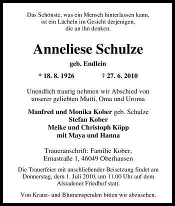 Traueranzeige von Anneliese Schulze von Tageszeitung