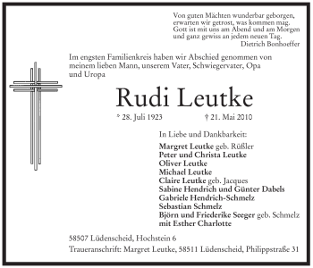Traueranzeige von Rudi Leutke von Tageszeitung