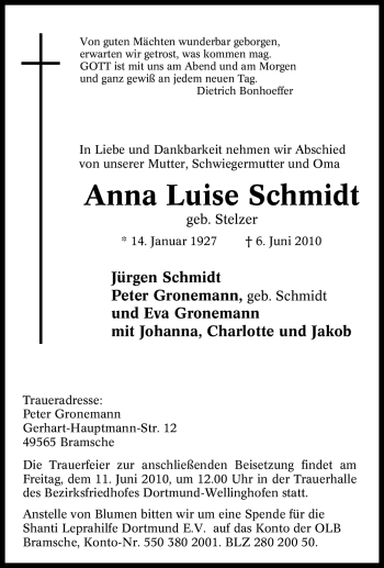 Traueranzeige von Anna Luise Schmidt von Tageszeitung