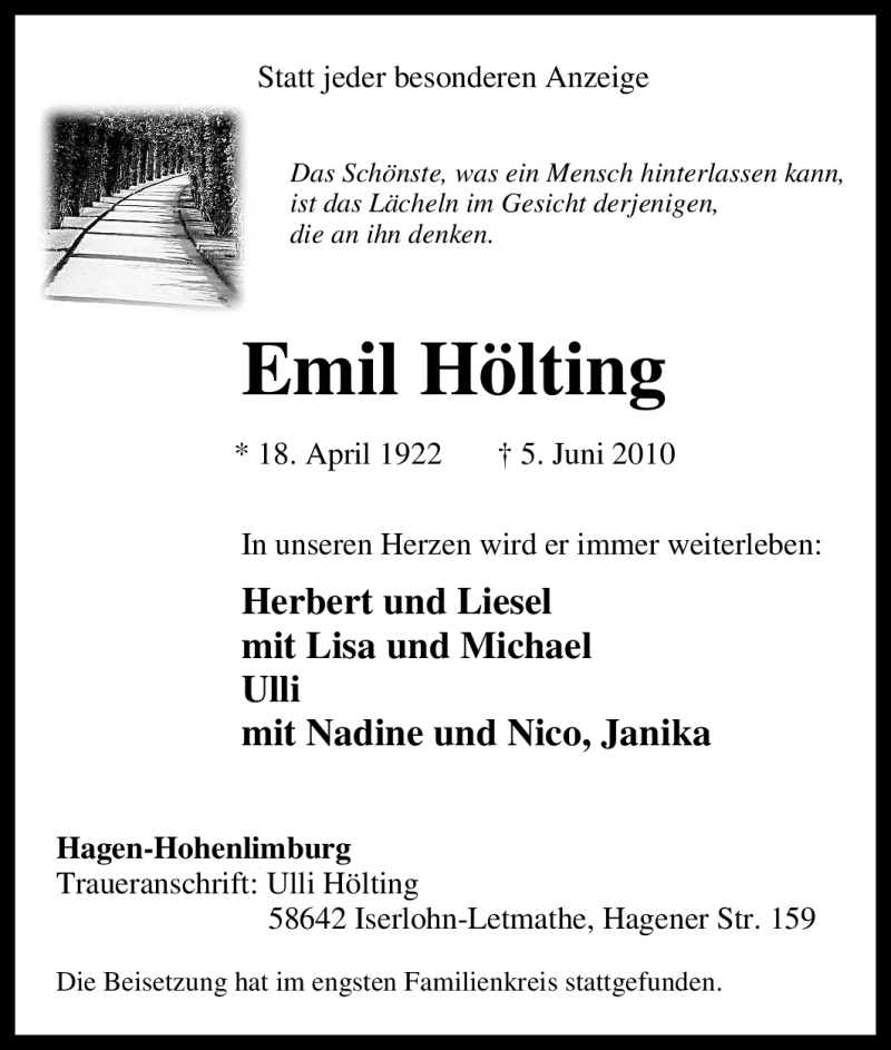  Traueranzeige für Emil Hölting vom 19.06.2010 aus Tageszeitung