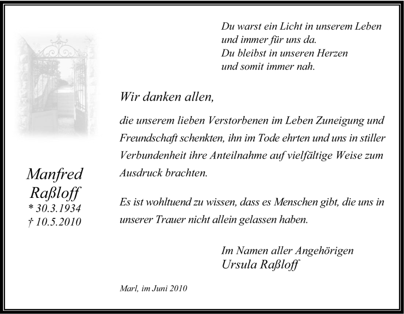 Traueranzeige für Manfred Raßloff vom 16.06.2010 aus Tageszeitung