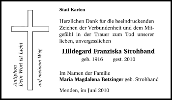 Traueranzeige von Hildegard Franziska Strohband von Tageszeitung