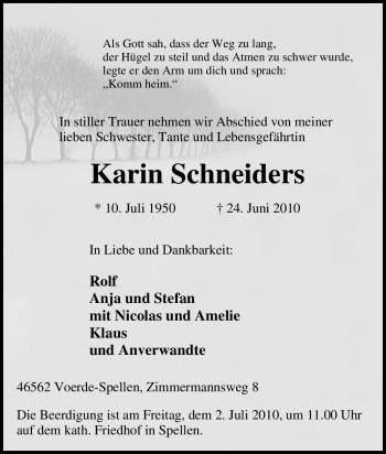 Traueranzeige von Karin Schneiders von Tageszeitung
