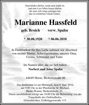 Traueranzeige von Marianne Hassfeld von Tageszeitung