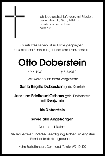Traueranzeige von Otto Doberstein von Tageszeitung