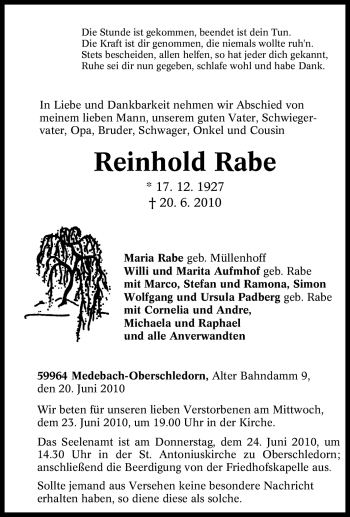Traueranzeige von Reinhold Rabe von Tageszeitung