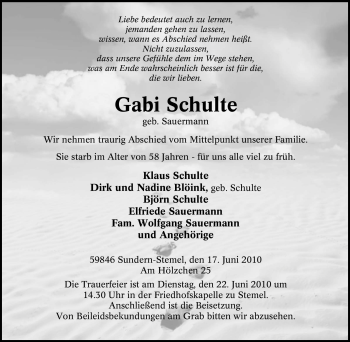 Traueranzeige von Gabi Schulte von Tageszeitung