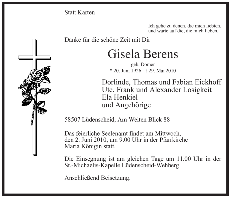  Traueranzeige für Gisela Berens vom 01.06.2010 aus Tageszeitung