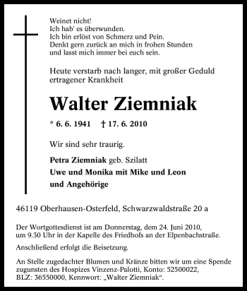 Traueranzeige von Walter Ziemniak von Tageszeitung