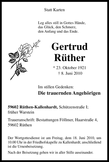 Traueranzeige von Gertrud Rüther von Tageszeitung