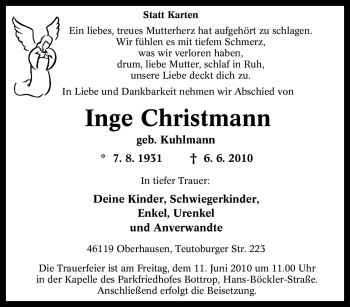 Traueranzeige von Inge Christmann von Tageszeitung