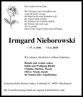 Traueranzeige von Irmgard Nieborowski von Tageszeitung