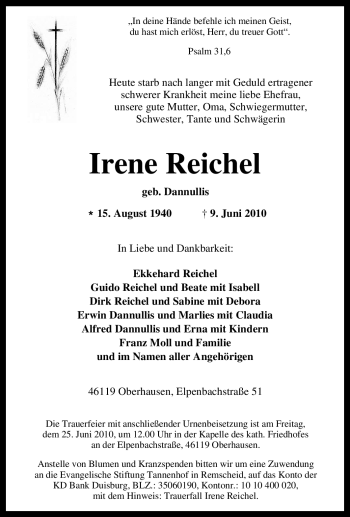 Traueranzeige von Irene Reichel von Tageszeitung