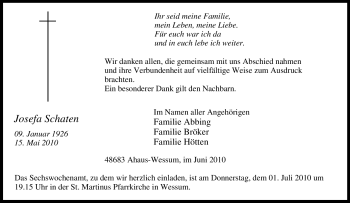 Traueranzeige von Josefa Schaten von Tageszeitung