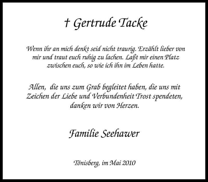  Traueranzeige für Gertrude Tacke vom 02.06.2010 aus Tageszeitung