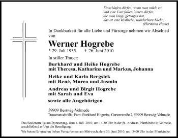Traueranzeige von Werner Hogrebe von Tageszeitung