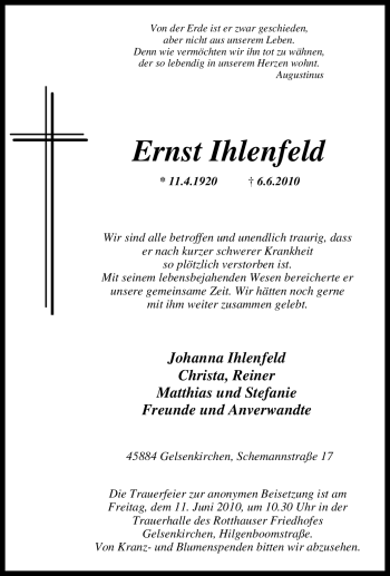 Traueranzeige von Ernst Ihlenfeld von Tageszeitung