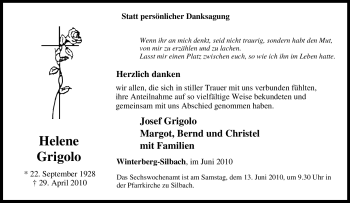 Traueranzeige von Helene Grigolo von Tageszeitung
