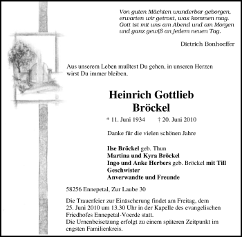 Traueranzeige von Heinrich Gottlieb Bröckel von Tageszeitung