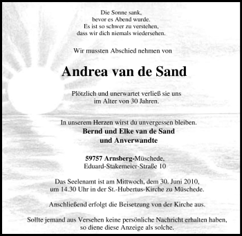 Traueranzeige von Andrea van de Sand von Tageszeitung