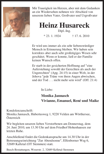 Traueranzeige von Heinz Husareck von Tageszeitung