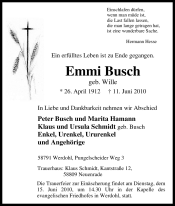 Traueranzeige von Emmi Busch von Tageszeitung
