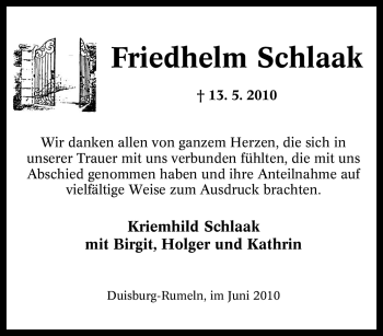Traueranzeige von Friedhelm Schlaak von Tageszeitung