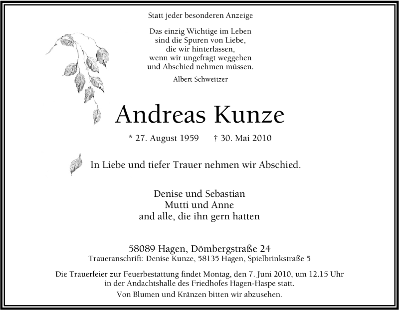  Traueranzeige für Andreas Kunze vom 02.06.2010 aus Tageszeitung