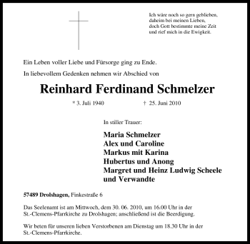 Traueranzeige von Reinhard Ferdinand Schmelzer von Tageszeitung