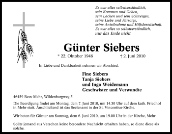Traueranzeige von Günter Siebers von Tageszeitung