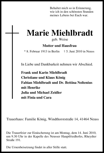 Traueranzeige von Marie Miehlbradt von Tageszeitung