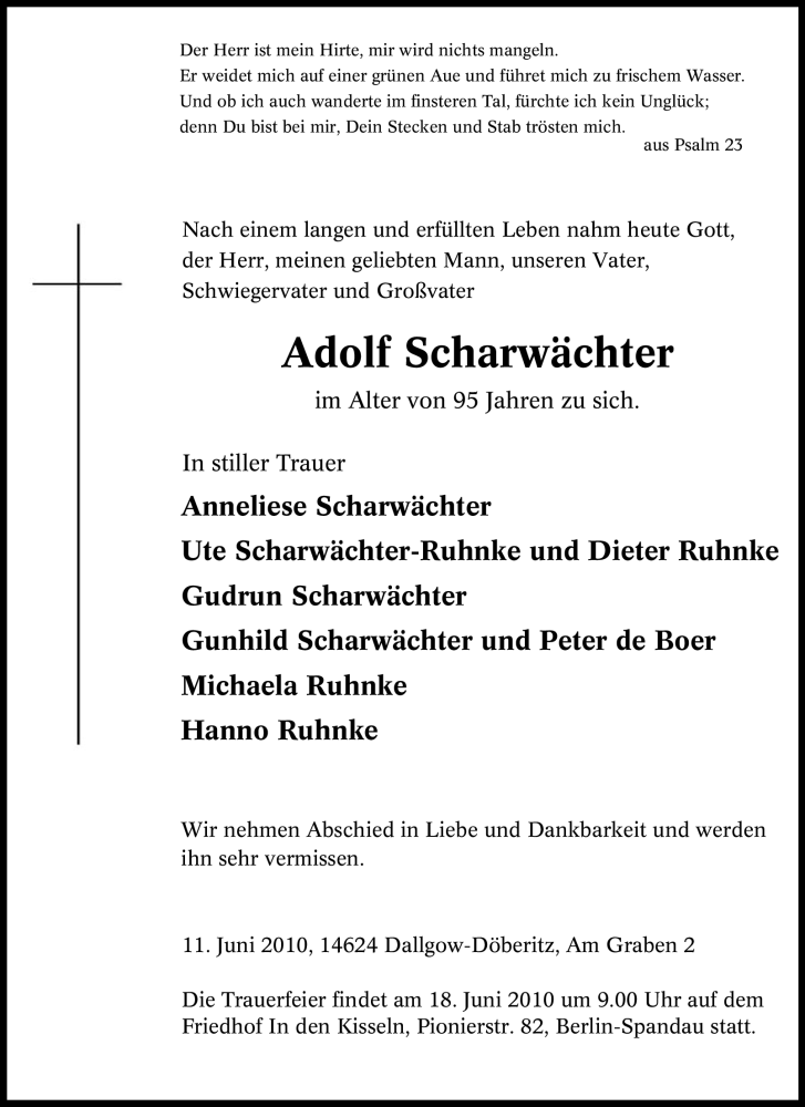  Traueranzeige für Adolf Scharwächter vom 14.06.2010 aus Tageszeitung
