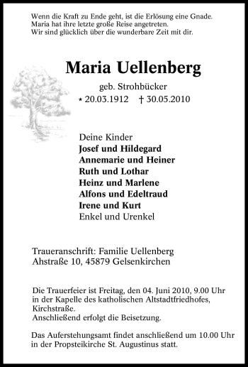 Traueranzeige von Maria Uellenberg von Tageszeitung