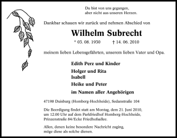 Traueranzeige von Wilhelm Subrecht von Tageszeitung